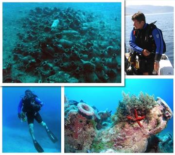 several images of a diver surveying the remains of an ancient shipwreck under the Mediterranean sea